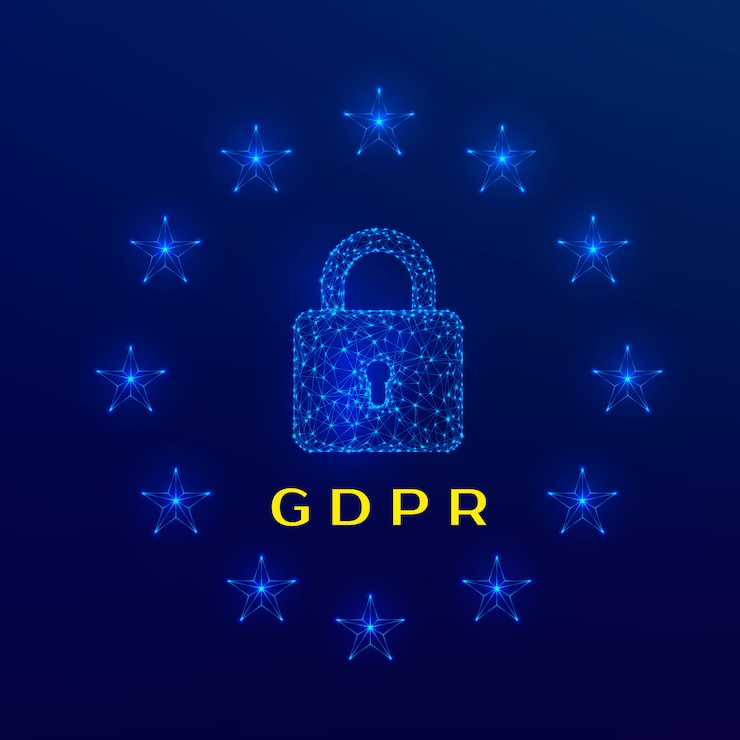 Vector candado del reglamento general de protección de datos (rgpd) y estrellas sobre fondo azul. ilustración