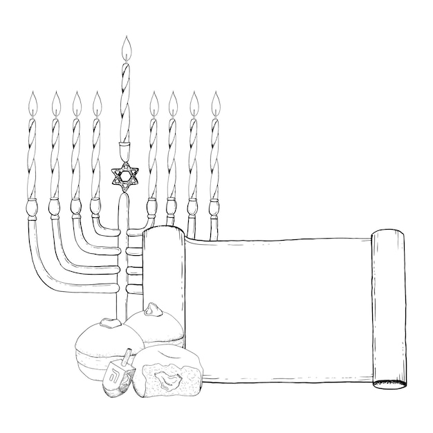 Vector candelas de hanukkah en la plantilla de la tarjeta de felicitación de menorá con rosquillas e ilustración vectorial de dreidel