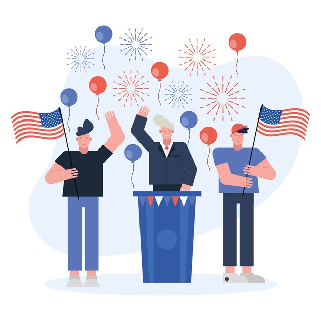 Candidato masculino dando discurso el día de las elecciones, diseño de ilustraciones vectoriales