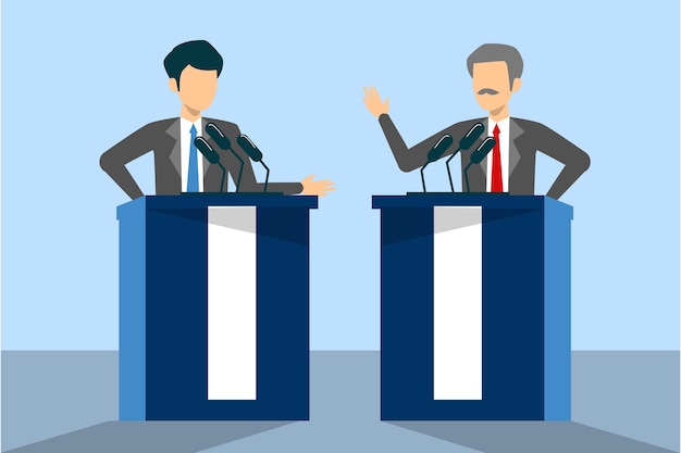 Candidato a la presidencia en debate aislado. Altavoz masculino en el micrófono detrás de la tribuna. Hablar político.