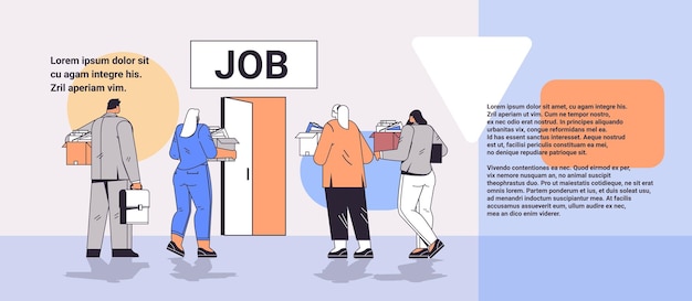 Candidatos de empresarios haciendo cola en la cola de la puerta de la oficina contratando crisis de empleo laboral
