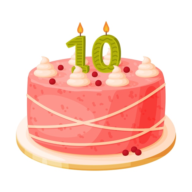 Candle on birthday cake with 10 number age Festive dessert burning number shaped candle cartoon vector illustration