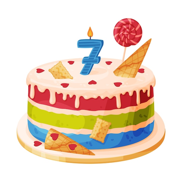 Candle on birthday cake with 7 number age Festive dessert burning number shaped candle cartoon vector illustration