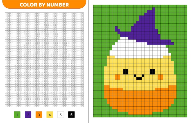 Vector candy corn squishmallow color por número libro de colorear de píxeles cuadrados numerados juego para niños arte de píxeles ilustración vectorial aislada eps 10