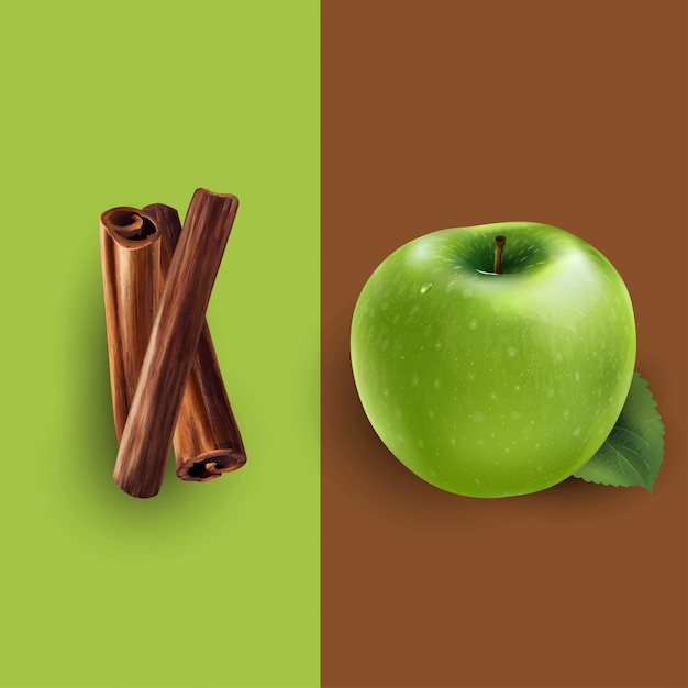 Canela y manzana verde. ilustración