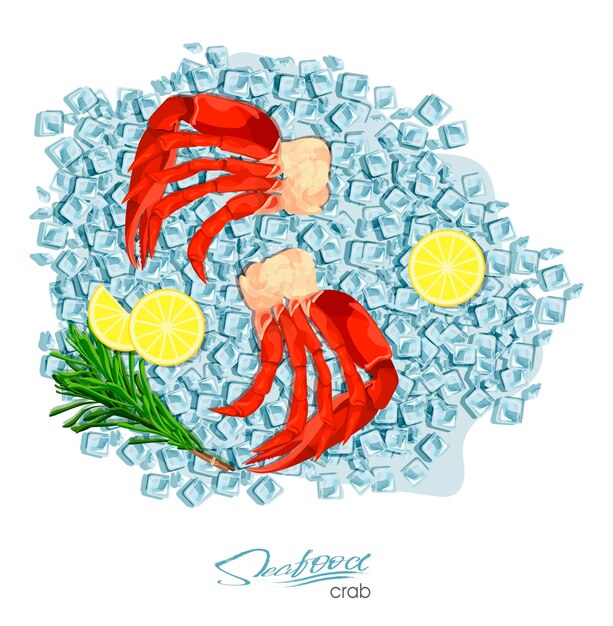 Cangrejo de carne con romero y limón en cubitos de hielo Ilustración vectorial en estilo de dibujos animados