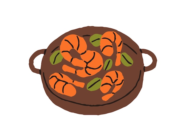 Cangrejos fritos cocidos con hojas verdes, plato de mariscos de albahaca, comida de mar, camarones frescos hervidos con hoja en el plato, aperitivo gourmet sabroso, ilustración vectorial plana aislada sobre fondo blanco.