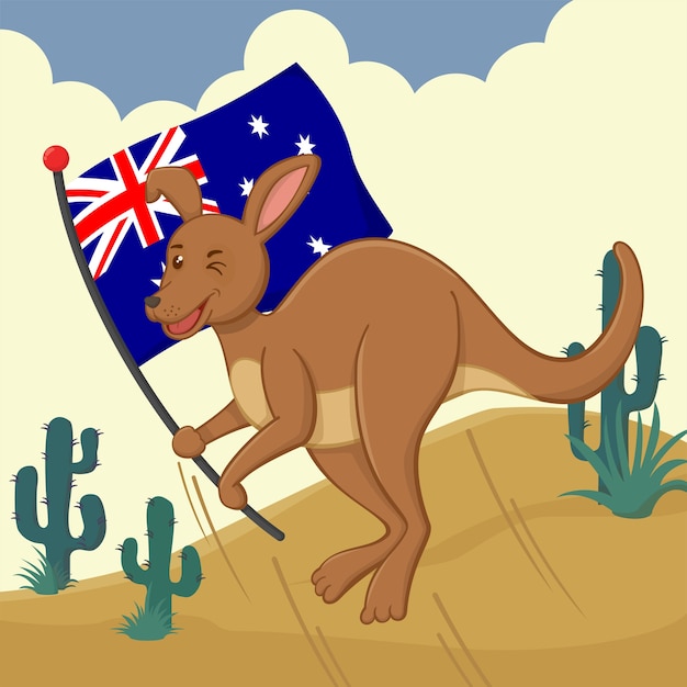 Vector canguro de dibujos animados lindo con bandera de australia