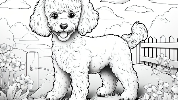 Caniche en una peluquería canina página de libro para colorear de dibujos lineales simples y limpios para niños