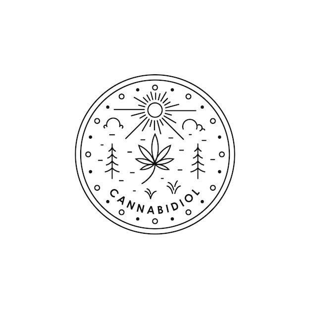 Cannabis cbd hierba de cáñamo con sol y naturaleza paisaje sello pegatina emblema insignia etiqueta arte lineal