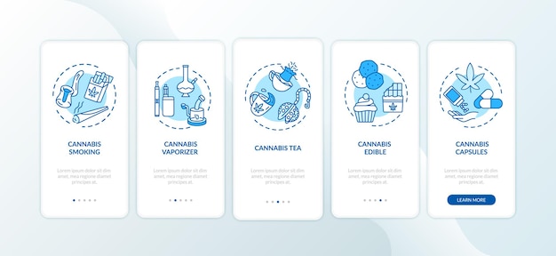 El cannabis forma la pantalla de la página de la aplicación móvil incorporada con conceptos. Vaporizador de malezas, tutorial de té de marihuana con instrucciones gráficas de 5 pasos. Plantilla de vector de interfaz de usuario con ilustraciones en color RGB
