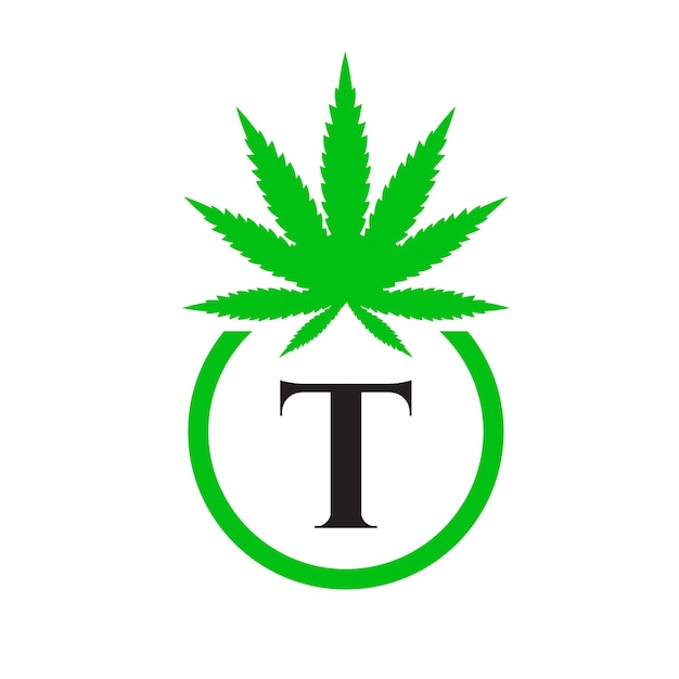 Cannabis logo sign concept t símbolo alfabético para terapia, atención médica y de salud y logotipo de marihuana