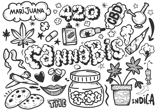 Cannabis Marihuana Tradicional Doodle Iconos Bosquejo Diseño Hecho Mano