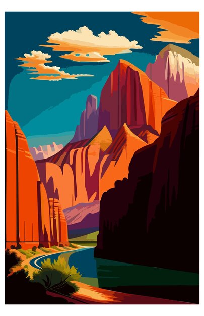 Vector cañón con un río que lo atraviesa paisaje desértico con cactus y río vector dibujos animados illus