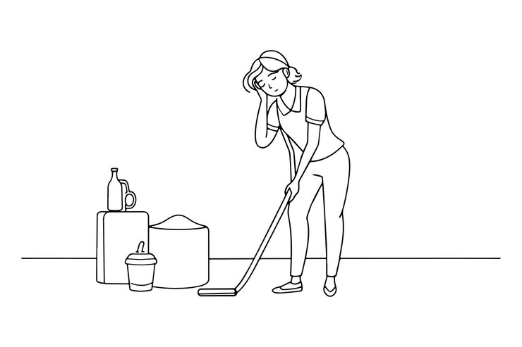 Vector cansada y sobrecargada de trabajo, la mujer de limpieza se siente cansada del día ocupado.