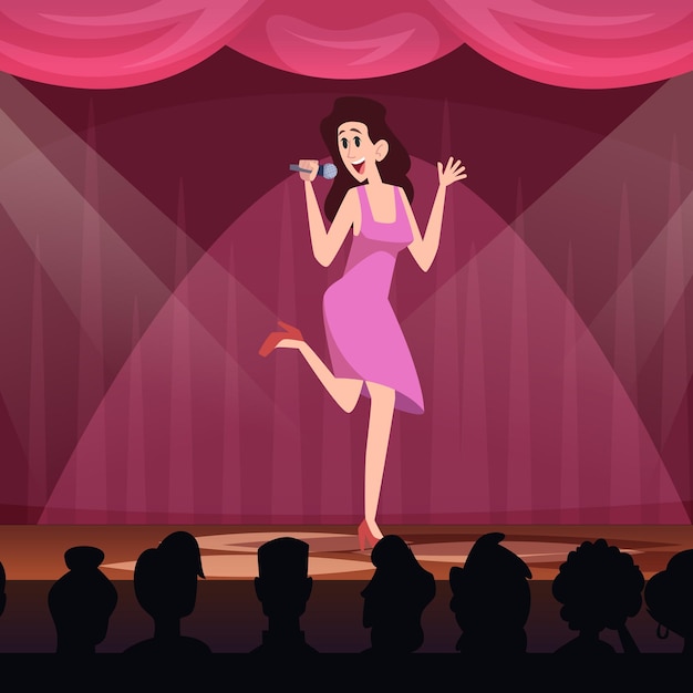 Cantante en el escenario del espectáculo de música Vector cantante femenina con micrófono