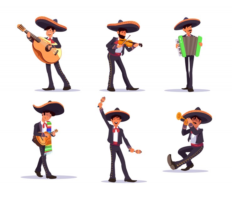 Vector cantante de mariachi. músicos mexicanos mariachi con guitarra y maracas