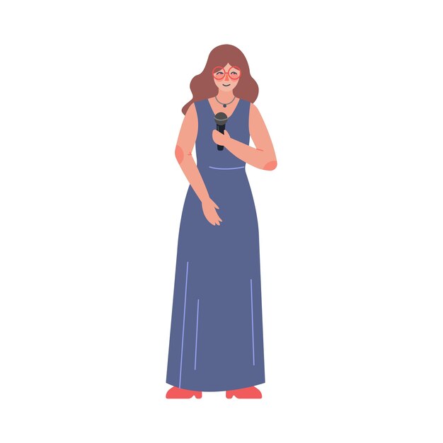 Cantante de música clásica hermosa mujer joven actuando en el escenario con micrófono de estilo vector plano
