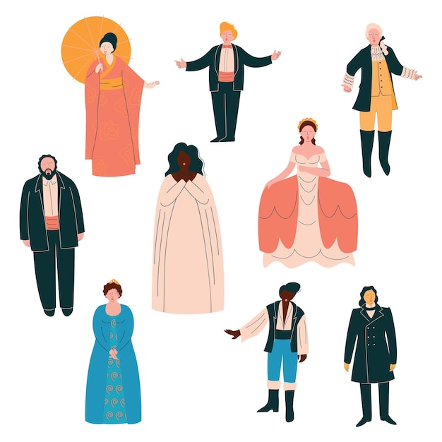 Cantantes de ópera con cantantes masculinos y femeninos con ropa elegante actuando en el escenario Ilustración vectorial sobre fondo blanco