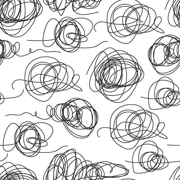 Caos desordenado garabateo vectorial dibujos animados fondo de patrón sin costuras