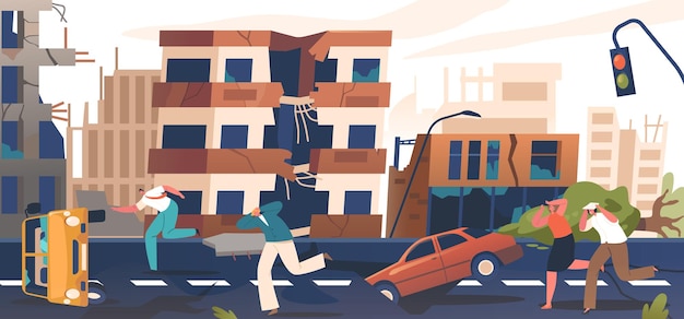 En el caos de un terremoto, valientes rescatistas buscan incansablemente entre los escombros en la ciudad ofreciendo esperanza y salvando vidas, distinguen el fuego y ayudan a las personas, ilustración vectorial de dibujos animados
