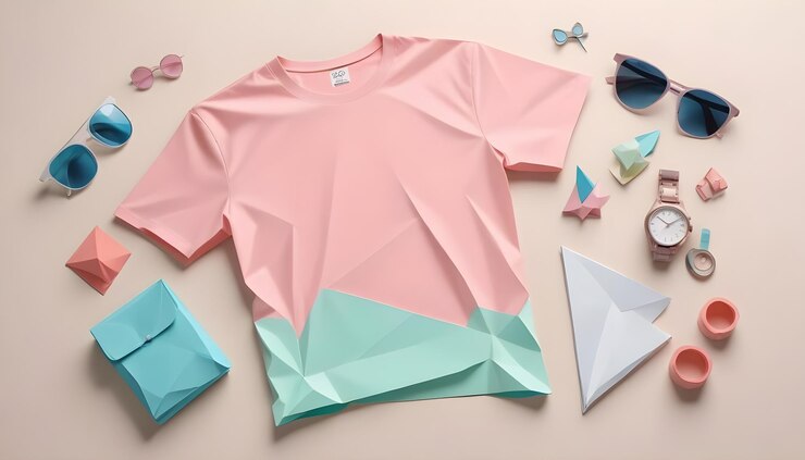 Vector una capa plana de una camiseta rosa con un patrón geométrico azul y verde gafas de sol un reloj y otros objetos geométricos en un fondo beige