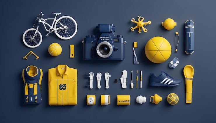 Vector una capa plana de varios objetos en amarillo y blanco dispuestos sobre un fondo azul los objetos incluyen