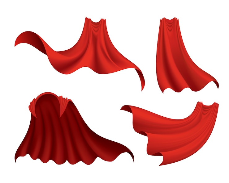 Vector capa roja de superhéroe en diferentes posiciones sobre fondo blanco.