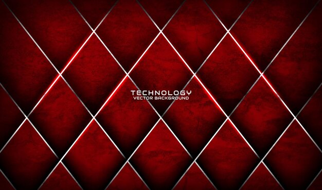 Capa de superposición de fondo abstracto techno grunge áspero rojo 3D en oscuro con decoración de rombo plateado