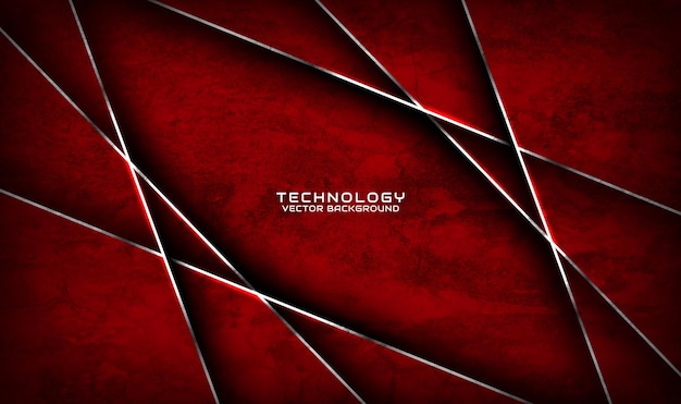 Capa de superposición de fondo abstracto tecno grunge áspero rojo 3D en oscuro con decoración de líneas plateadas