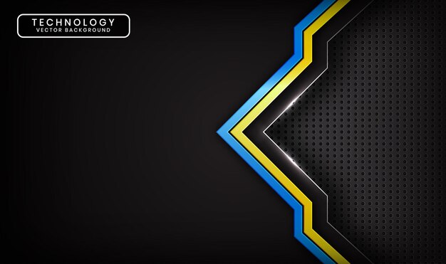 Capa de superposición de fondo abstracto de tecnología negra 3D con decoración de efecto de rayas azul amarillo