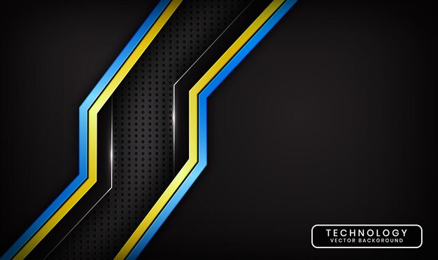 Capa de superposición de fondo abstracto de tecnología negra 3D con decoración de efecto de rayas azul amarillo