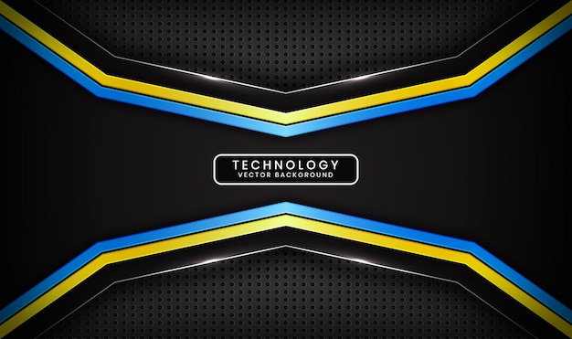 Capa de superposición de fondo abstracto de tecnología negra 3D con decoración de efecto de rayas azul amarillo