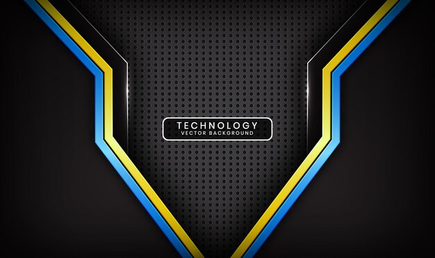 Capa de superposición de fondo abstracto de tecnología negra 3D con decoración de efecto de rayas azul amarillo