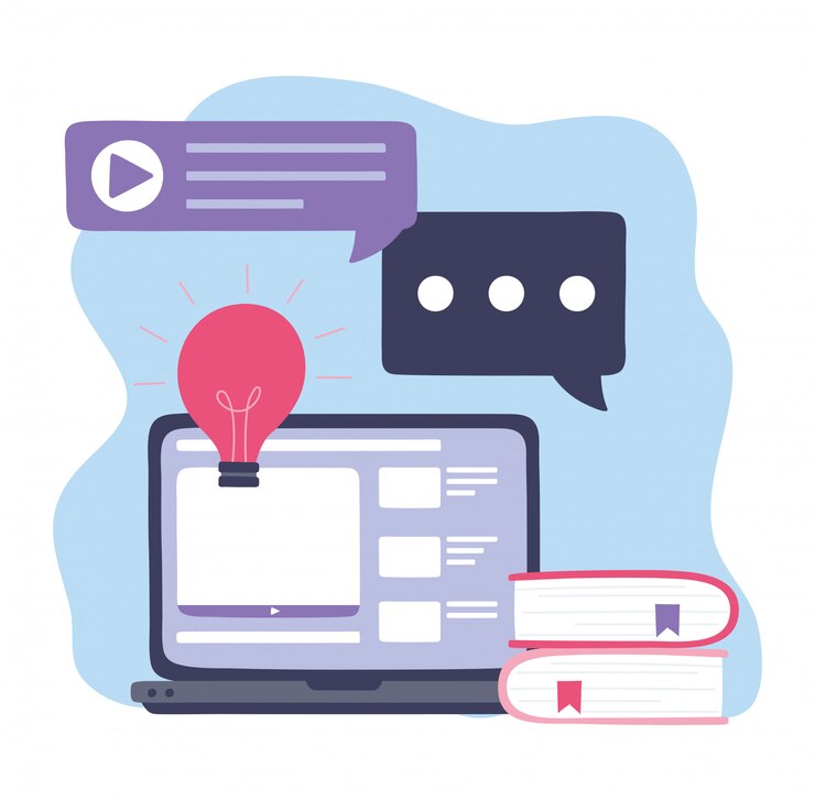 Vector capacitación en línea, libros y sitio web de burbujas de conversación para computadoras portátiles, educación y cursos para aprender ilustración digital