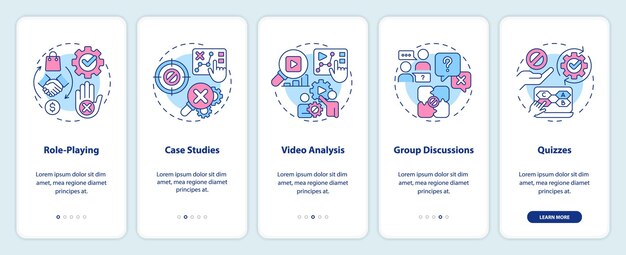 Capacitación en el manejo de objeciones incorporación de la pantalla de la aplicación móvil Tutorial de entrenamiento de ventas Instrucciones gráficas editables de 5 pasos con conceptos lineales Plantilla GUI de UX Myriad ProBold Fuentes regulares utilizadas