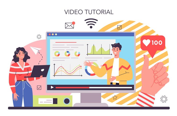 Vector capacitación del personal servicio o plataforma en línea gestión de personal comercial y crecimiento de empleados escuela de negocios tutorial en video ilustración de vector plano aislado