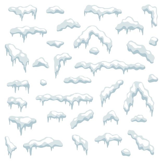 Capas de nieve Elementos nevados hojas de nieve y copos de nieve nevada y bolas de hielo en el techo marco blanco congelado decoración de Navidad y Año Nuevo Vector de dibujos animados aislados de invierno