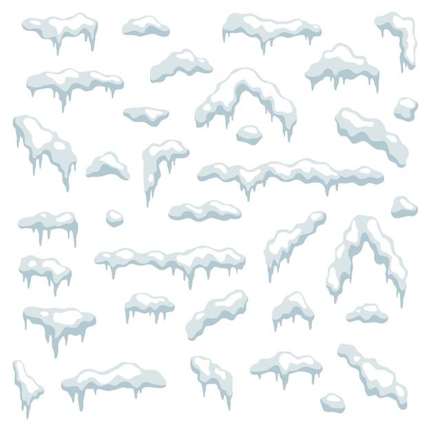 Capas de nieve Elementos nevados hojas de nieve y copos de nieve nevada y bolas de hielo en el techo marco blanco congelado decoración de Navidad y Año Nuevo Vector de dibujos animados aislados de invierno