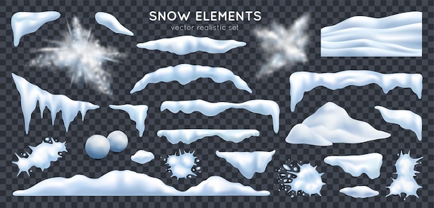 Capas de nieve montones de carámbanos montículo de ventisquero estallando bolas de nieve explosivas splats conjunto realista fondo transparente oscuro ilustración vectorial