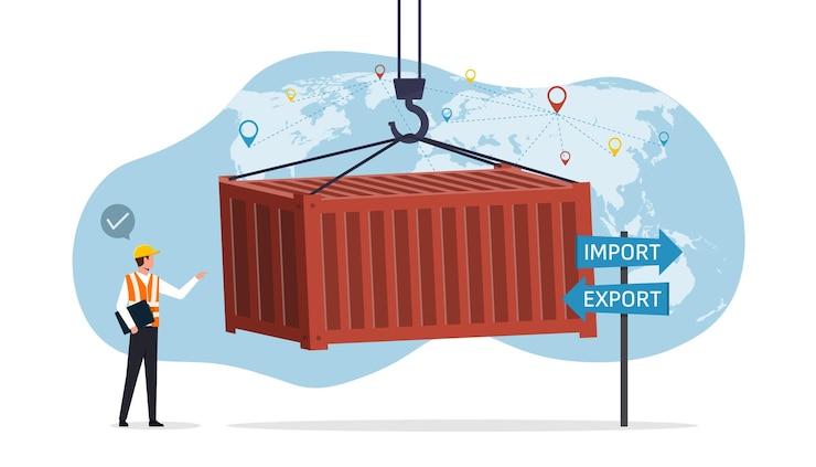 Vector capataz con carga de contenedores industriales buque de carga importación, exportación y concepto de logística control de trabajadores carga de contenedores de carga para entrega internacional cadena de suministro de logística comercial
