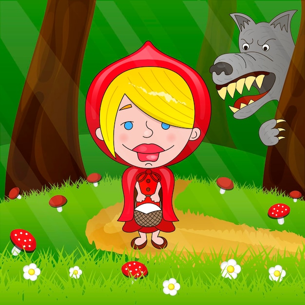 Vector caperucita roja y lobo en el bosque