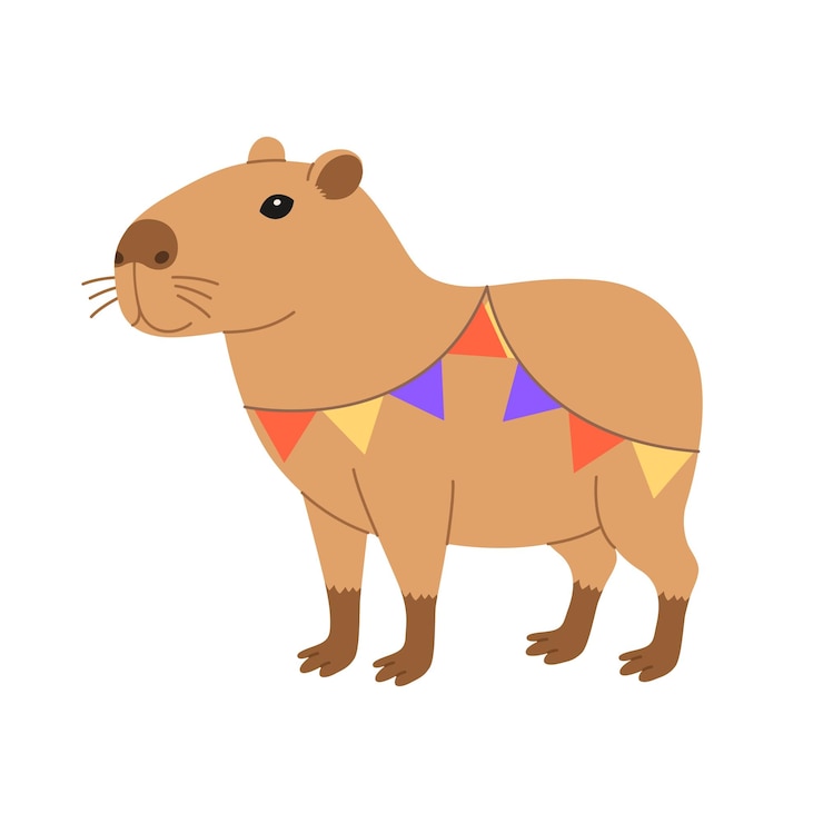 Vector capibara festiva divertida de pie en guirnalda capibara linda con banderas para tarjetas de felicitación de vacaciones