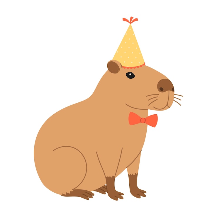 Vector el capibara festivo gracioso se sienta con sombrero de fiesta y pajarita capibara lindo para tarjetas de felicitación de vacaciones