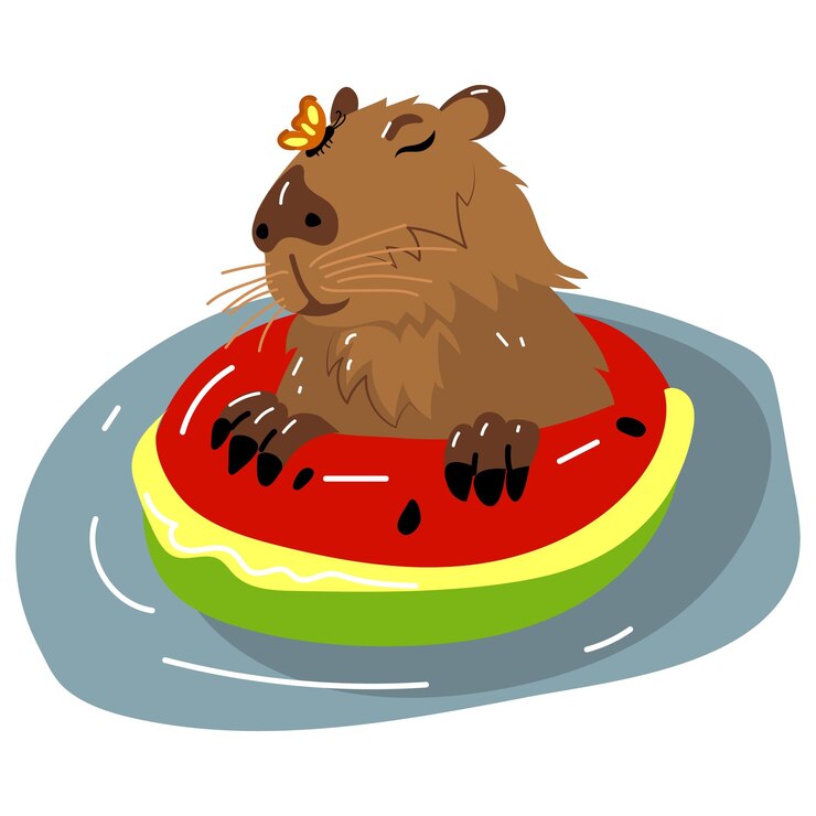 Vector un capibara en una fuente termal japonesa onsen en un círculo en forma de sandía con una mariposa
