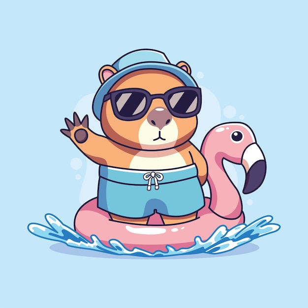 capibara con gafas de sol y anillo inflable en agua dibujos animados de ilustración vectorial diseño gráfico