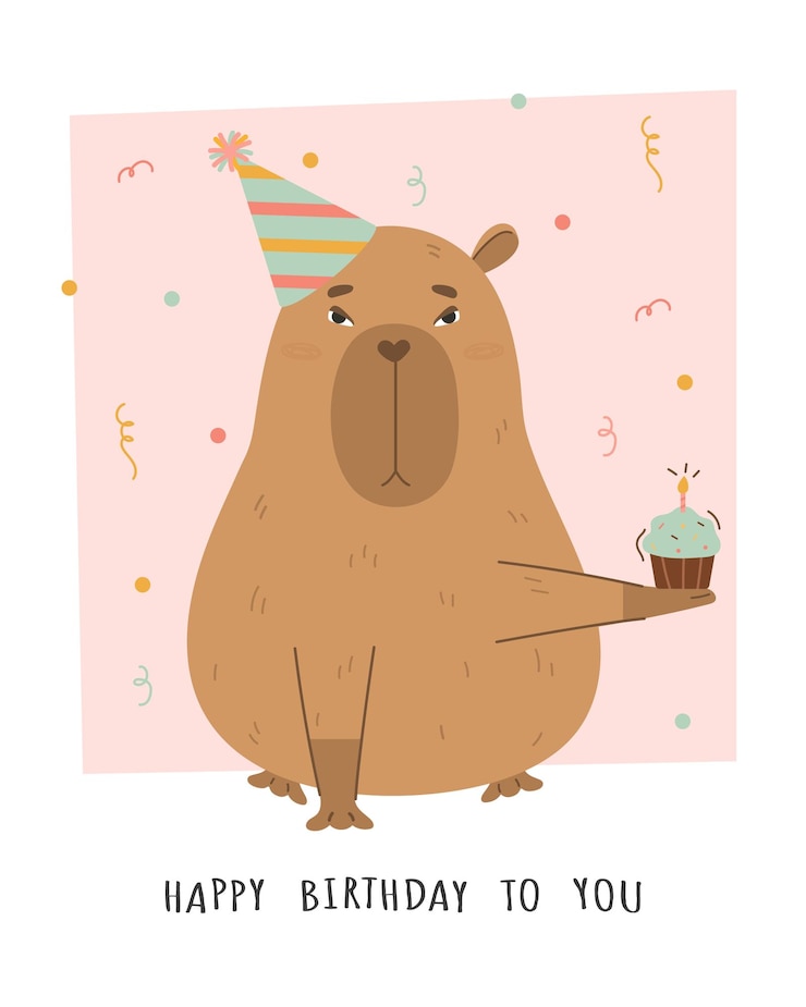 Vector capibara graciosa con tarjeta de cumpleaños de pastel