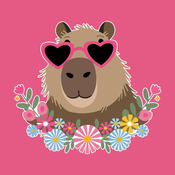 Capíbara juguetona en un estado de ánimo de fiesta rodeada de flores coloridas en un estilo de arte vectorial caprichoso