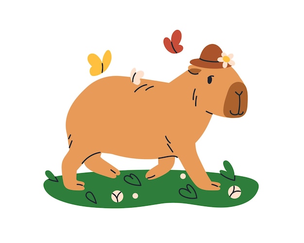 Capibara lindo caminando Capibara adorable y divertida paseando en la naturaleza Capibara animal dulce y feliz con sombrero en las vacaciones de verano Ilustración vectorial plana de niños aislada sobre fondo blanco
