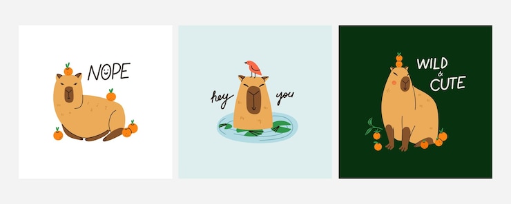Vector capibara lindo capibara gracioso animal exótico adorable nadando de pie y sentado américa del sur mamífero relajante letras frase impresa o cartel dibujo animado plano conjunto vectorial aislado